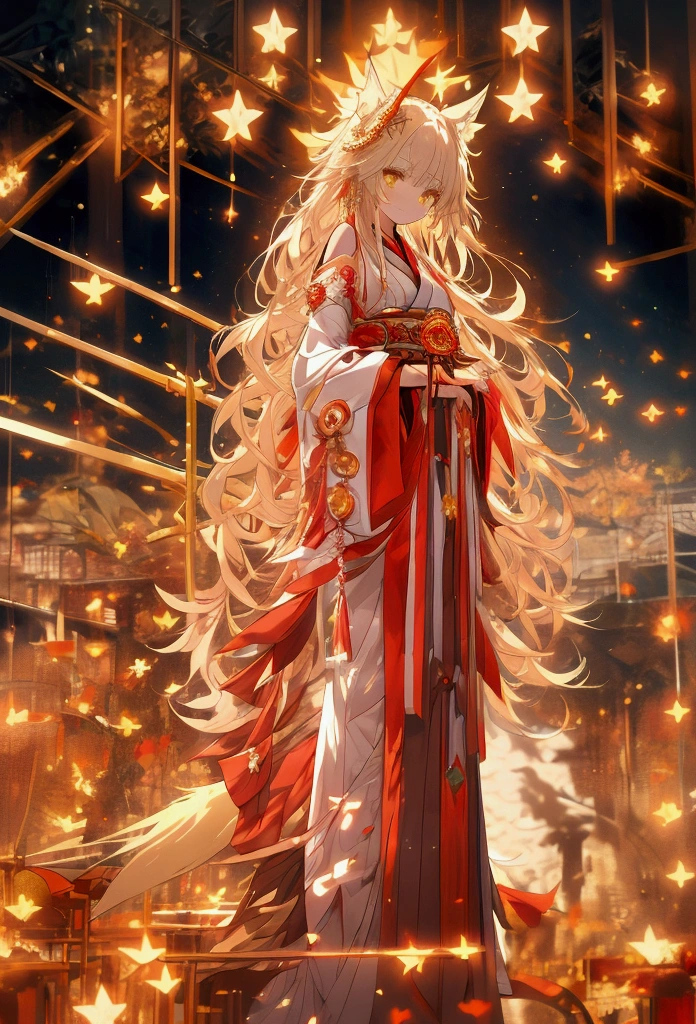 masterpiece, best quality, Anime ,HDR , a Golden Nine tailed Fox Woman milf Standing and Praying with bright yellow Star eyes Surround by light:1.2) Multi Colored Hair , miko cloth , Holding long Spear With red gem