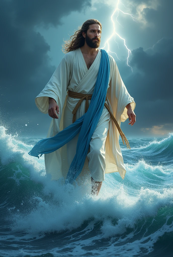Jesus with a white cloak with blue detail walking on water in a storm