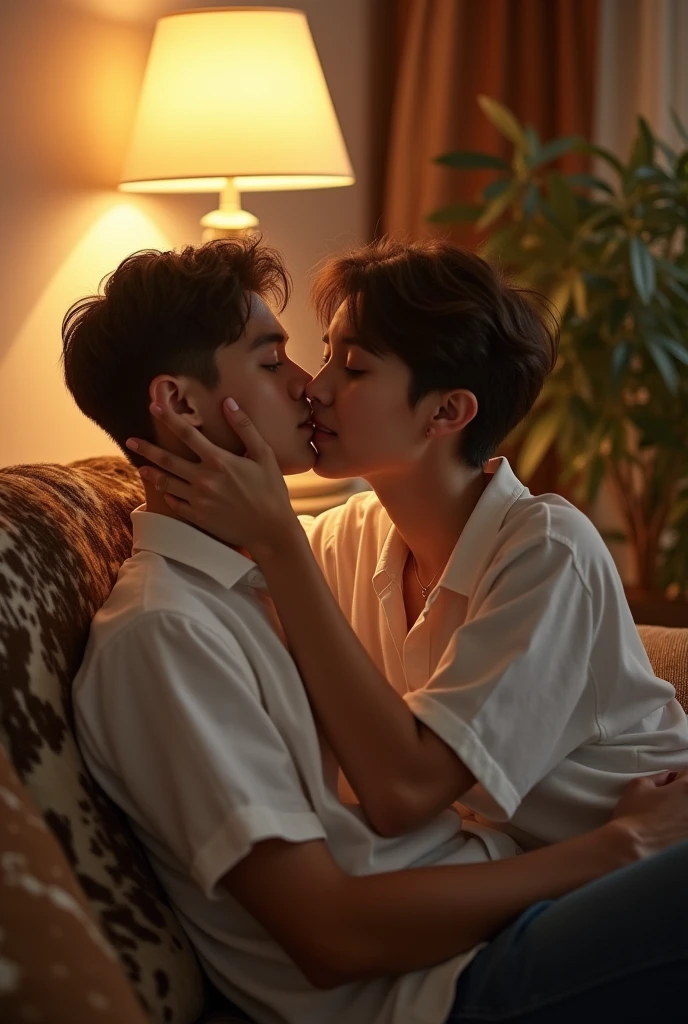 8k, detailed, digital photography, 2boys, The image shows two young people in an intimate and affectionate moment, kissing. Both are wearing white shirts, and one of the individuals is sitting on the couch, while the other leans towards him, holding his face. The environment looks cozy, with a lamp in the background and some decorative objects, creating a soft and romantic atmosphere. The couch has an animal skin print, and there is a plant on the right side of the image.