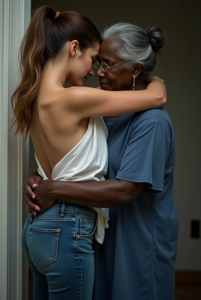 Create a photo of a 30 year old young white woman, with a slender and beautiful body, with hoop earrings, wearing jeans and an open white shirt without a bra with bare breasts, with white and clear skin, with long light brown hair tied in a ponytail and being picked up and carried in the arms of a 90-year-old elderly black lady, obese woman who has dark black skin and is wearing a blue dress and glasses