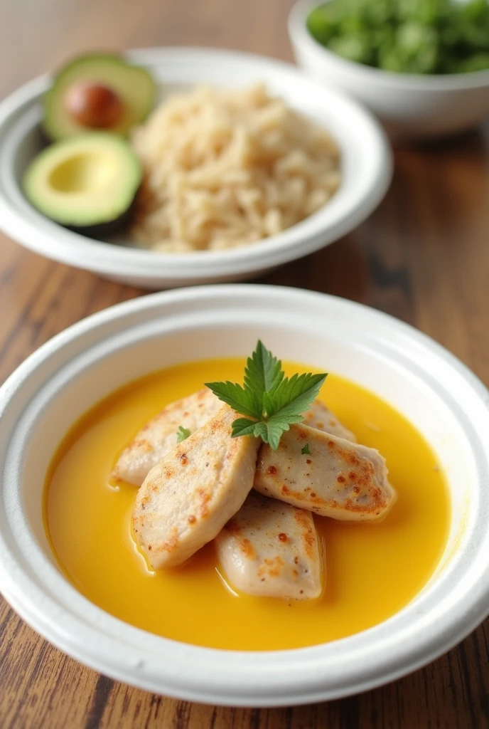 (photorealism:1.2), improve image remove the sprig from the second plate with less portion of chicken that is not chopped the chicken deep white styrofoam plate with yellow soup with only a small portion of cooked but not browned chicken on top of the soup , Next to it a separate styrofoam plate with rice and a portion of avocado. There are two separate plates, one with the soup and the other with the rice and the piece of avocado.
