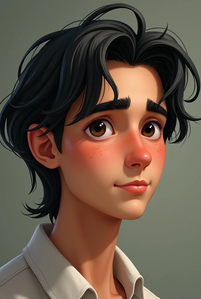 The Latin American man has a young and oval face, with subtly marked cheekbones that give balance to her expression. Her skin is light-toned and shows some acne marks on both cheeks., which are visible but not exaggerated, giving a natural and realistic look to your skin. His jaw is not marked and his chin is not marked either. .His eyes are a dark brown color, a little torn and with a slightly almond shape. The character's gaze is serious and introspective, framed by straight eyebrows, Medium thickness, and well defined. The eyebrows are thick and placed in a way that enhances the intensity of her eyes., giving him a thoughtful expression. The nose is straight and thick , with a soft bridge and a slightly rounded tip, harmonizing well with the rest of your facial features. The lips are a little thick and well defined., with a slight natural curvature that gives it a neutral expression, neither smiling nor frowning. The upper lip is slightly thinner than the lower lip.. The hair is completely straight, of a dark black color, and long length. It falls naturally and a little messily on the forehead., lightly covering the eyebrows, and extends to just above the ears on the sides. The hair has a fine texture and a natural shine., with some strands falling over the forehead and this hairstyle is bookish.