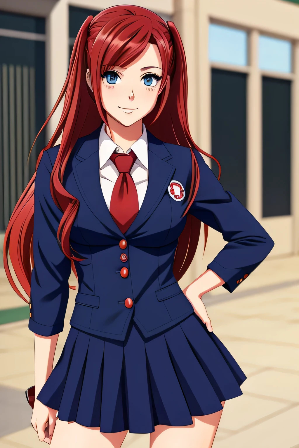 a young woman, cartoon anime art style, early 20's, red hair, long hair, full hair, large chest and hips, skinny, toned, in a school girl uniform