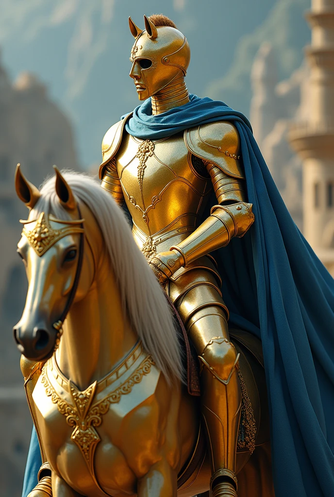 make me a knight with golden armor that fills his entire body and a horse helmet with a blue cape, the knight&#39;s body must be slender and tall