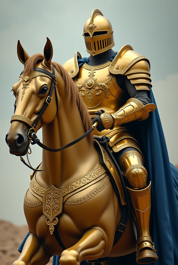 make me a knight with golden armor that fills his entire body and a horse helmet with a blue cape, the knight&#39;s body must be slender and tall