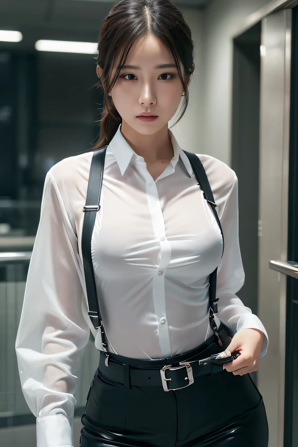 a woman in a suit, belt, hands behind back, sweating, suspenders, black pants, sexly, large breasts, see-through clothing, rain, detective, office worker, white button-up shirt, (best quality,4K,8k,highres,masterpiece:1.2),ultra-detailed,(realistic,photorealistic,photo-realistic:1.37),hyper-detailed,highly detailed face and body, Slender thin suspenders Moderate breasts See-through shirt Nipples holster chain Pistol Armament criminal Female criminal knife