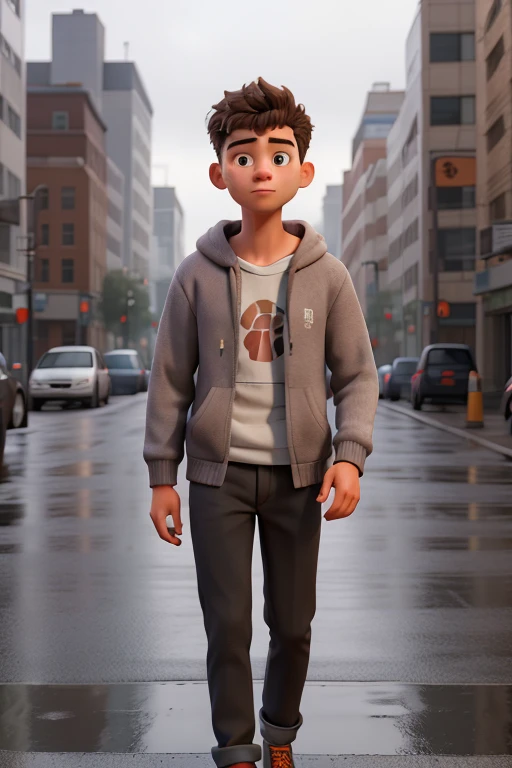 a young man in a hoodie walking down the street on a rainy day