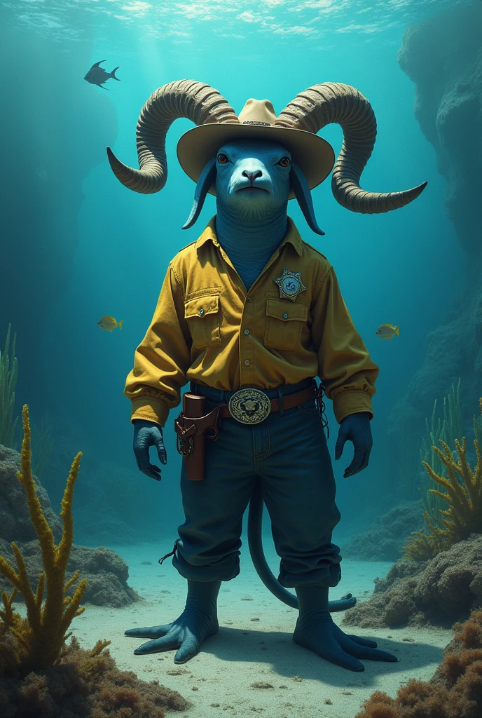 Vaquita in the form of baba feet with horns dressed as a sheriff on the ocean floor