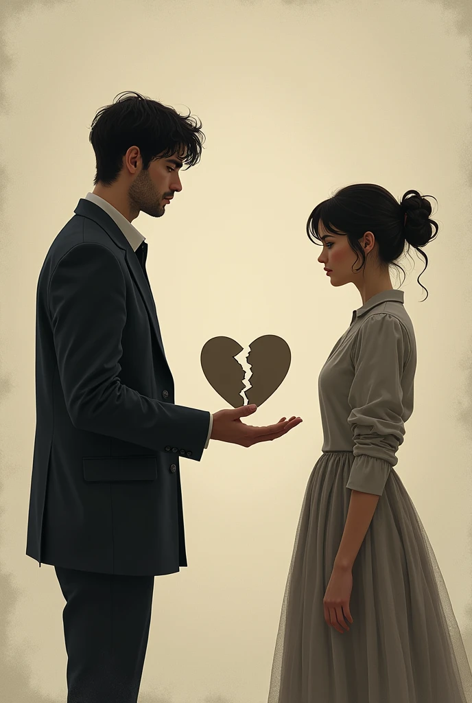 a man with a sad face holding a heart-shaped envelope with a crack on it, giving it to a girl with her back turned who is talking to a boy.