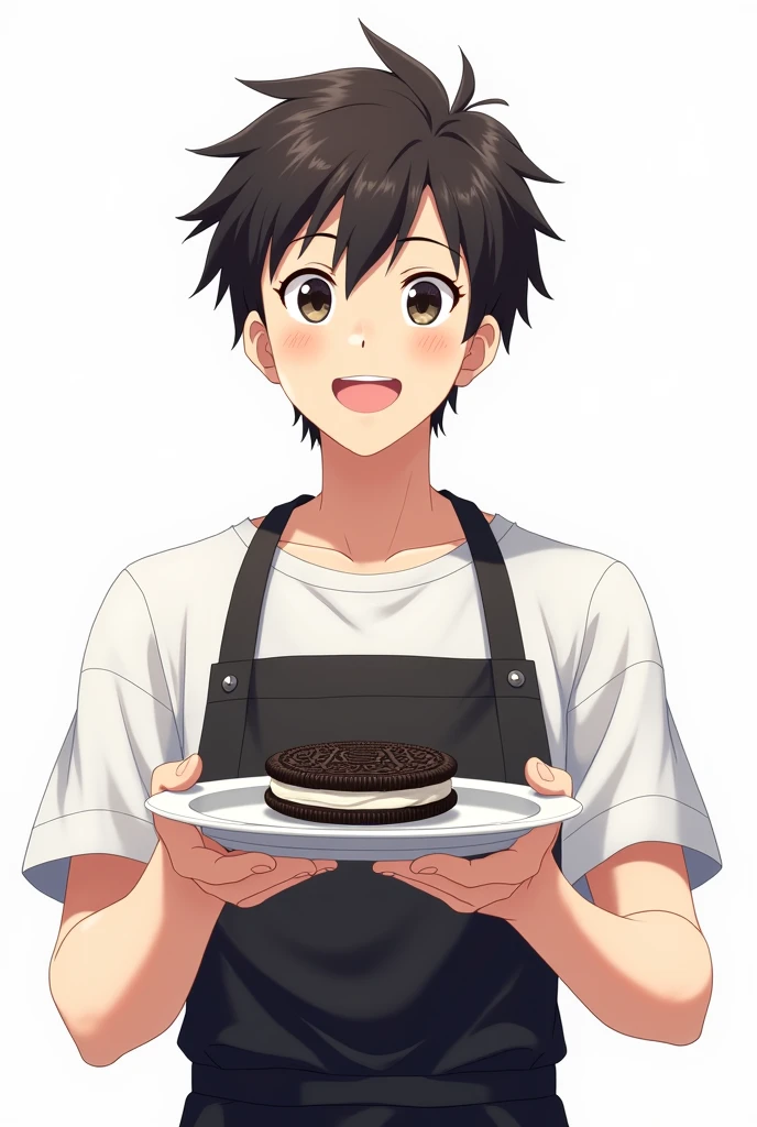 Man wearing black apron holding plate with oreo sandwich anime white background