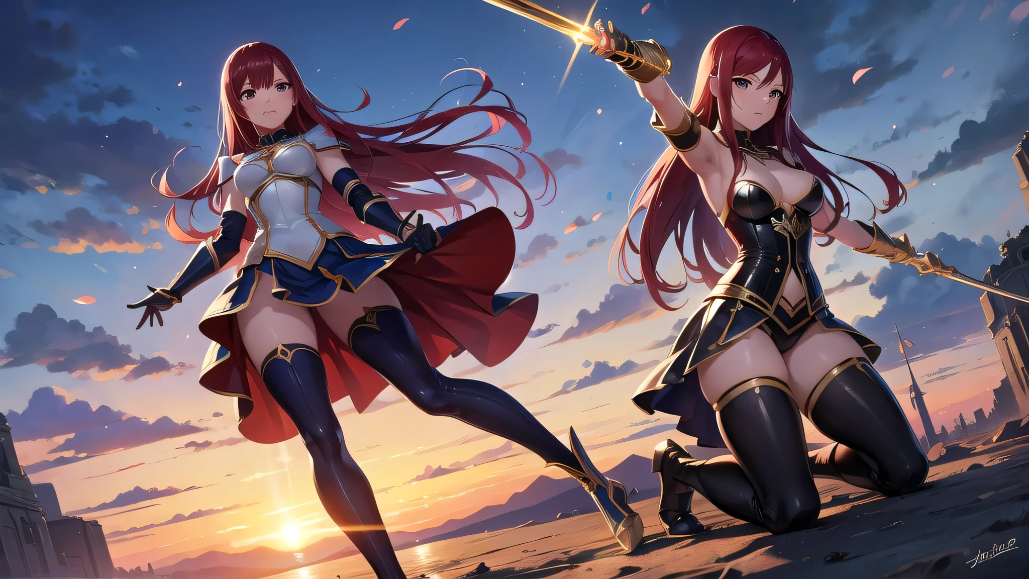 Women with dragon horns and tail, attractive, women with dragon features, redheads, warriors anime medieval style isekai
