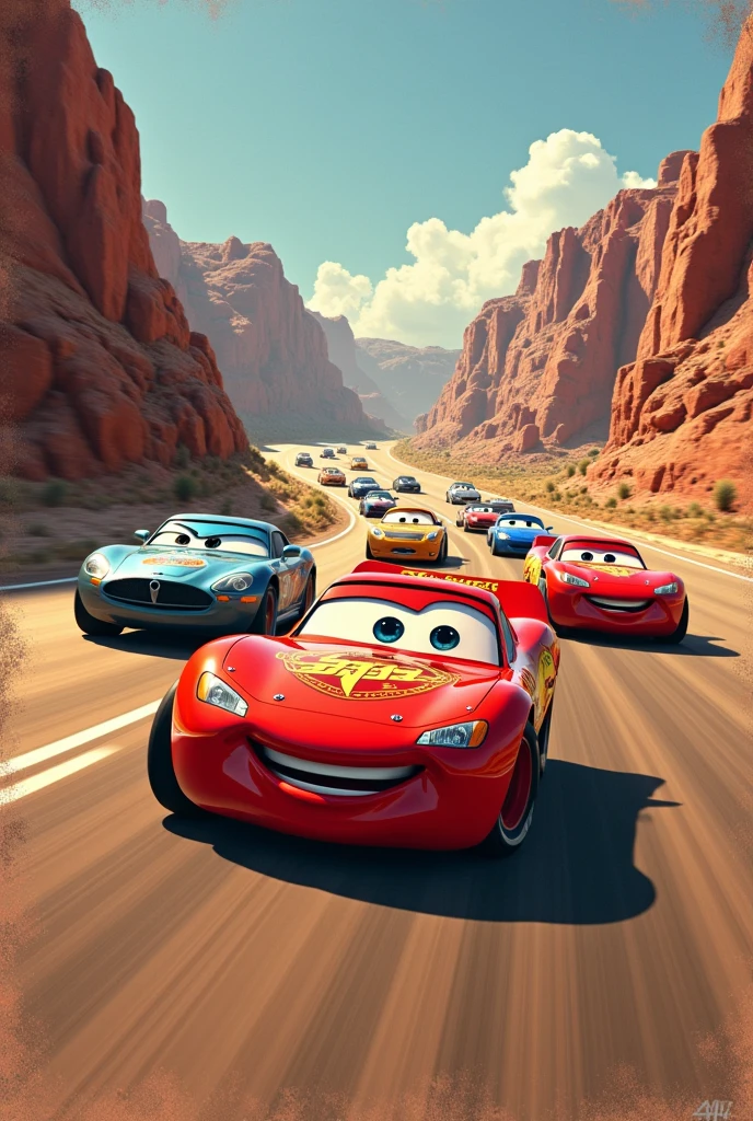 Create me a poor cover of the Cars Movie and it shows Lightning McQueen racing on a track and behind it it puts cars so that they are racing against him and he goes first 