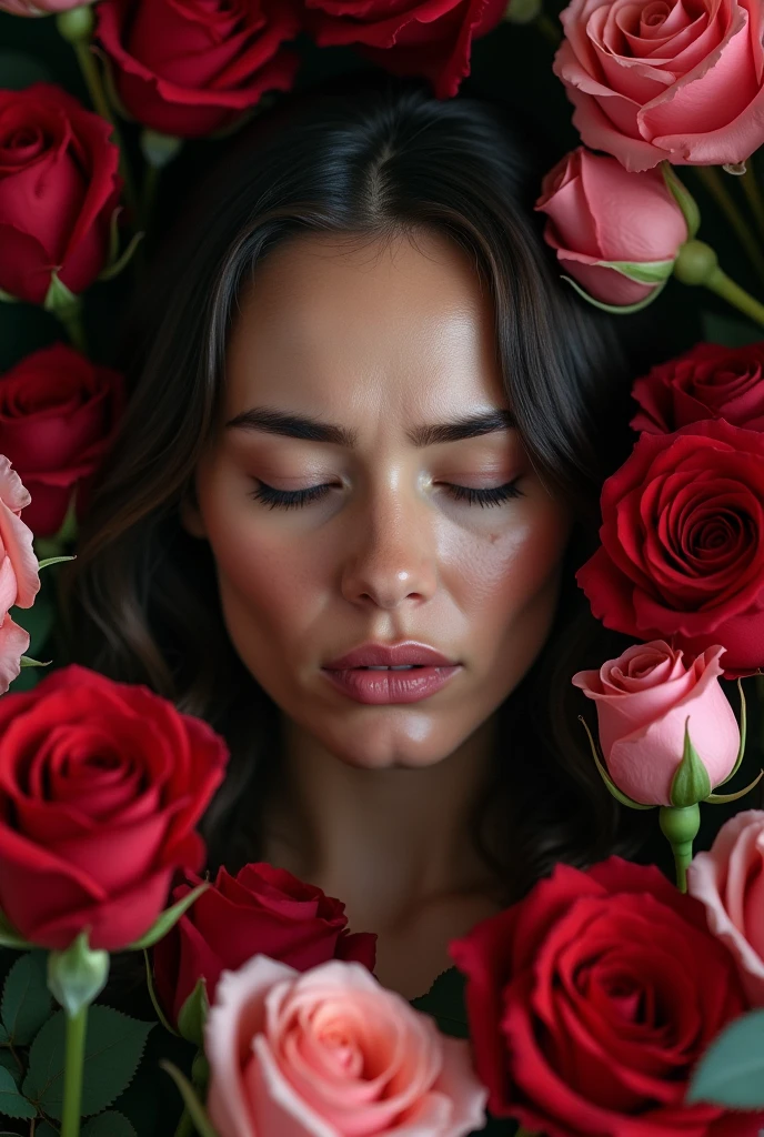 A woman, resembling Gal Gadot actress, sitting with her head bowed, crying as she is surrounded by roses. The roses symbolize love and beauty, while her posture and expression convey a deep sense of sorrow and emotional pain. Realistic image
