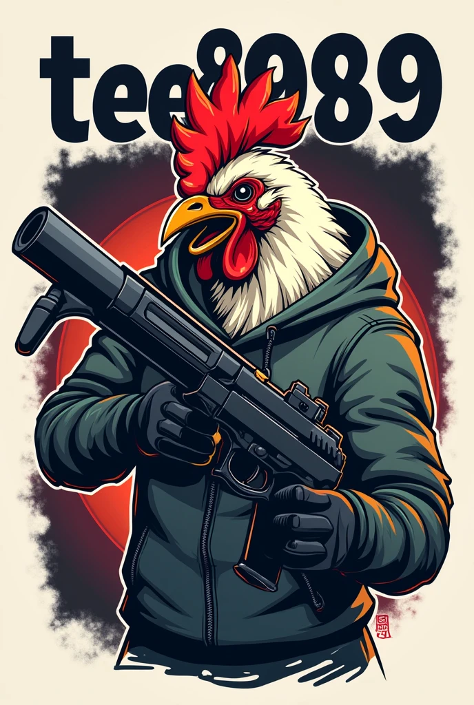 Gamer logo of a chicken man holding a gun, logo name TEE89989