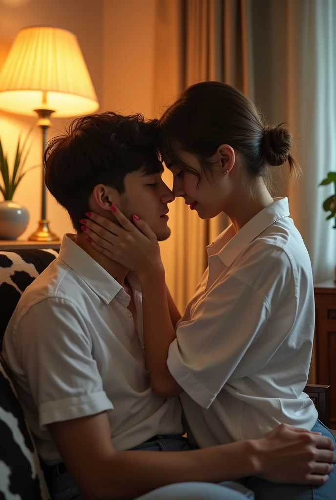 8k, detailed, digital photography, 2boys, The image shows two young people in an intimate and affectionate moment, kissing. Both are wearing white shirts, and one of the individuals is sitting on the couch, while the other leans towards him, holding his face. The environment looks cozy, with a lamp in the background and some decorative objects, creating a soft and romantic atmosphere. The couch has an animal skin print, and there is a plant on the right side of the image.