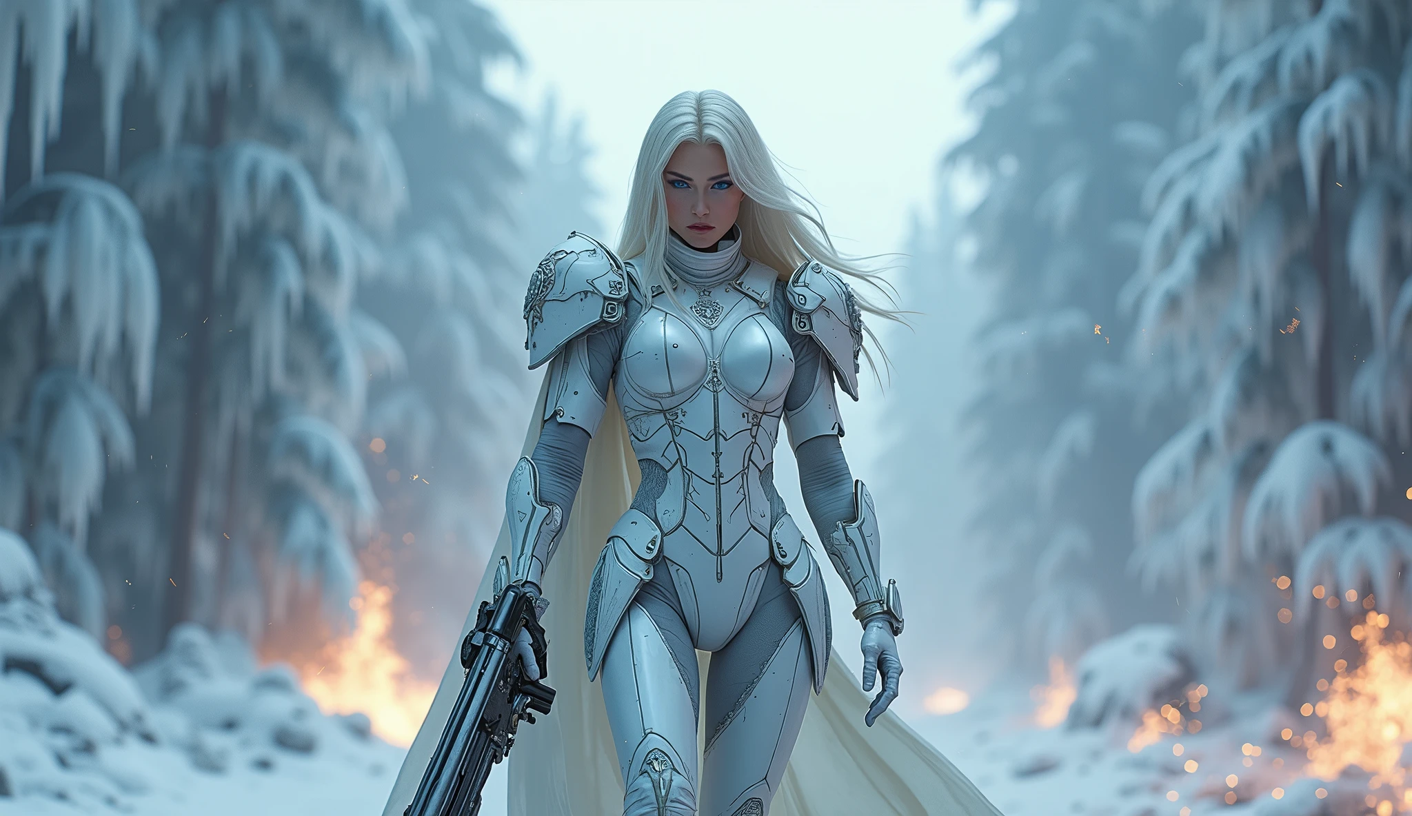full body pose of a a beautiful woman shoting at the enemy with long platinum blonde hair, porcelain skin, ice blue eyes, sexy sisters of battle from the warhammer 40k, shooting at the enemy, rwhite space marine armor with intricate details, religous symbols on the armor, sisters of battle, warhammer 40k, Massive silicone breast, pale skin, seductive, temptation, eat your soul, clevage, , standing in a magical winter wonderland with snow-covered trees and frozen lakes, intricate ice crystals and snowflakes surrounding her, (best quality,4k,8k,highres,masterpiece:1.2),ultra-detailed,(realistic,photorealistic,photo-realistic:1.37),fantasy,digital art,cinematic lighting, highly detailed armor, intricate futuristic weaponry, gritty and realistic, mecha, science fiction, hyper-detailed, photorealistic, award winning digital art, 8k, HDR, masters work, in the middle of a battle field, full body combat action pose, explosions and fire around, full war, stunning, Stilleto heels, high heels, full body pose, cinematic, dust and debree, combat screams, attacking, shooting at the enemy, sisters of battle, warhammer 40kdramatic color palette,frozen landscape,ice powers,snow queen