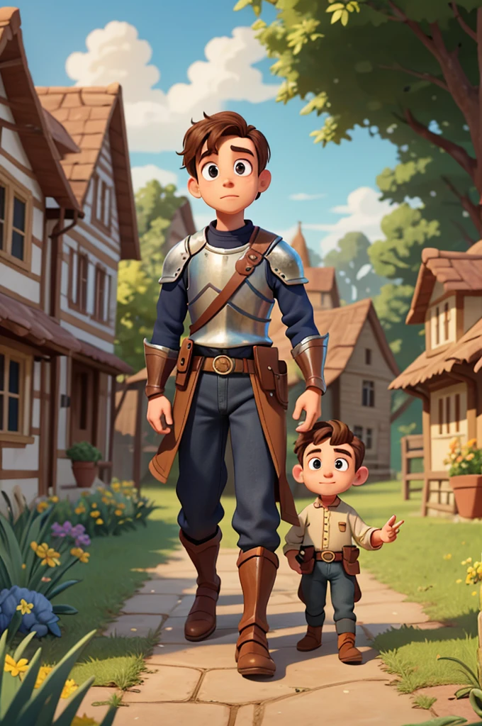 young knight in a village in pixar style