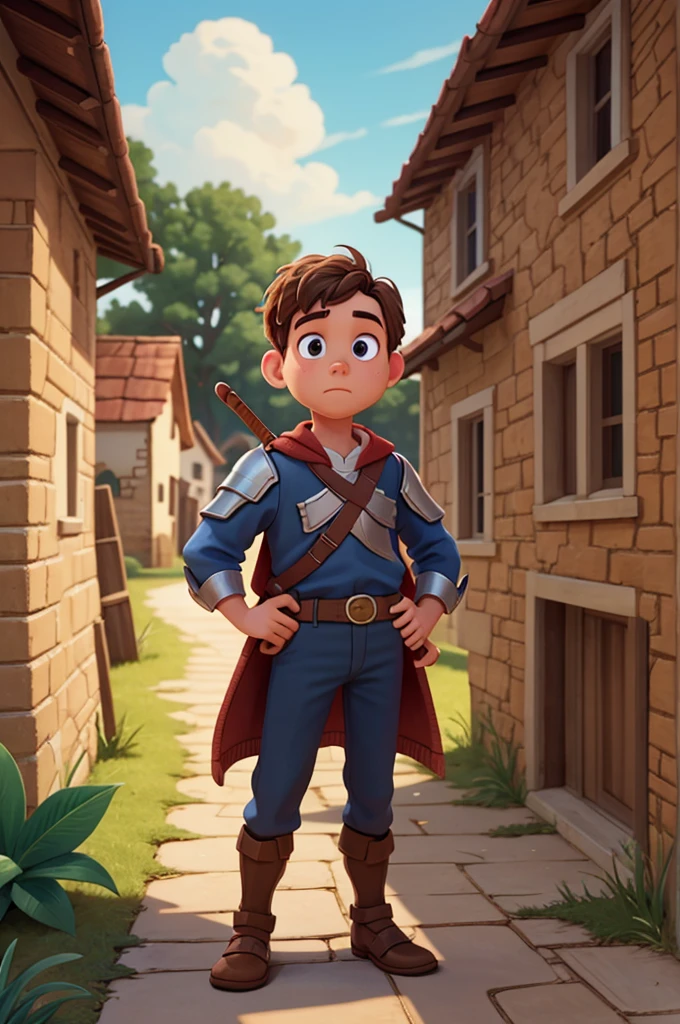 young knight in a village in pixar style