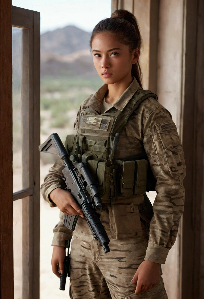 Photorealistic. 20 year old female soldier, slender and thin, bust size 32e, Her hair is black and combed in a ponytail, Her face is beautiful and symmetrical. He is wearing a desert camouflage military uniform., Military camouflage pants and military camouflage shirt., pointedher gun at the door, sandy room where only light comes in from a window.. Anti-Aliasing Ultra High, intricate detail, art station, Virtual Engine, DOF, Super resolution, megapixel, FKA, THAI, rtx, SSAO, Post-processing, Post-production, Tone Mapping, cgi, VFX, SFX, Crazy detail and complexity, ultra realistic Ultra Detail, super detail, realistic, ultra realistic, Unreal Engine, 8k, masterpiece, best quality, Ray Tracing, depth of field, cinematic lighting, octane rendering, clear focus, anatomy, Ultra-realistic skin texture, high-detail eyes, from above view, --AR 3:2.