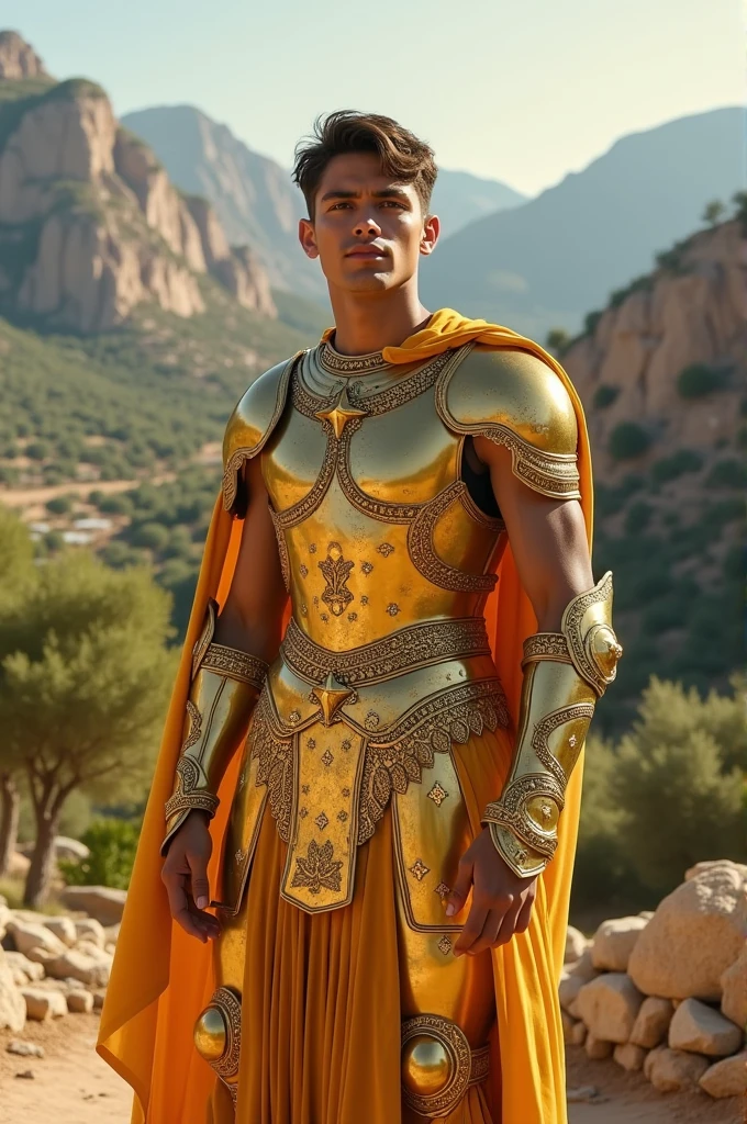 Images of a young man in Greece, surrounded by beautiful landscapes. aphrodite of pisces golden knight
