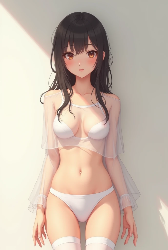 cute girl,delicated,Open your legs,transparent white panties,Transparent top,sockes, (skinny figure:1.3), (flat chest:1.2), putti bust, (, ((small:1.3)),), junior face,