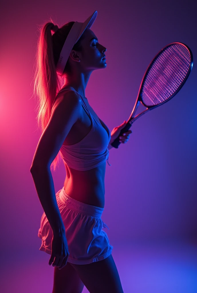 A tennis player with her breasts and vagina exposed and her racket emanating purple rays and pink glow ,