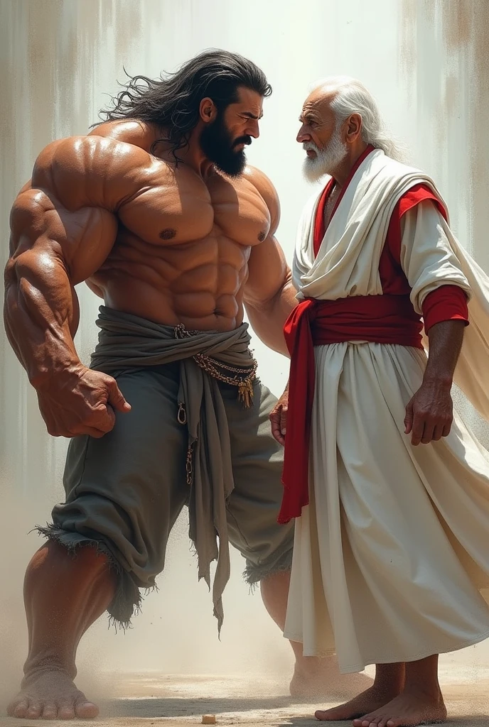 a strong human with vengeful muscles imposing on the body and face of a Rooster facing an old man with white clothes and red details without symbol
