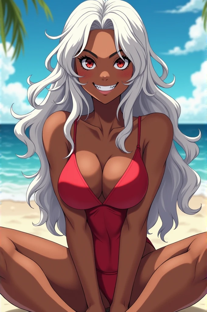 My Hero Academia anime screenshot, African American girl, long wavy white hair, Red eyes, defiant look, with fangs. with red swimsuit. beach background, sitting in the sand. . Smiling in a bold way.