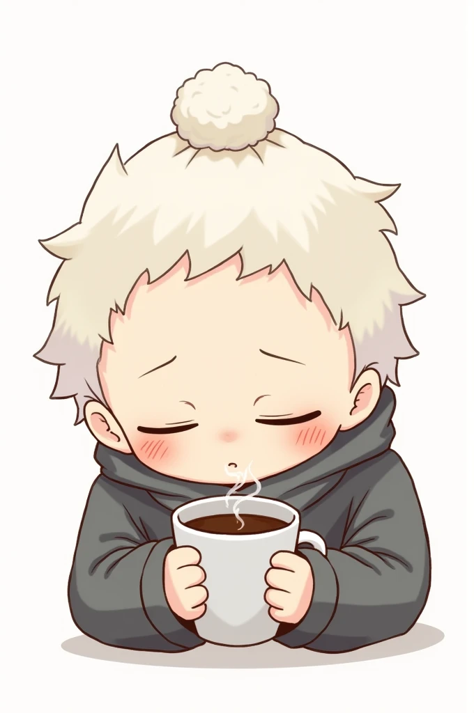 Suguru Geto Jjk hugging a coffee, Cute style digital art With a white Cinamoroll hat