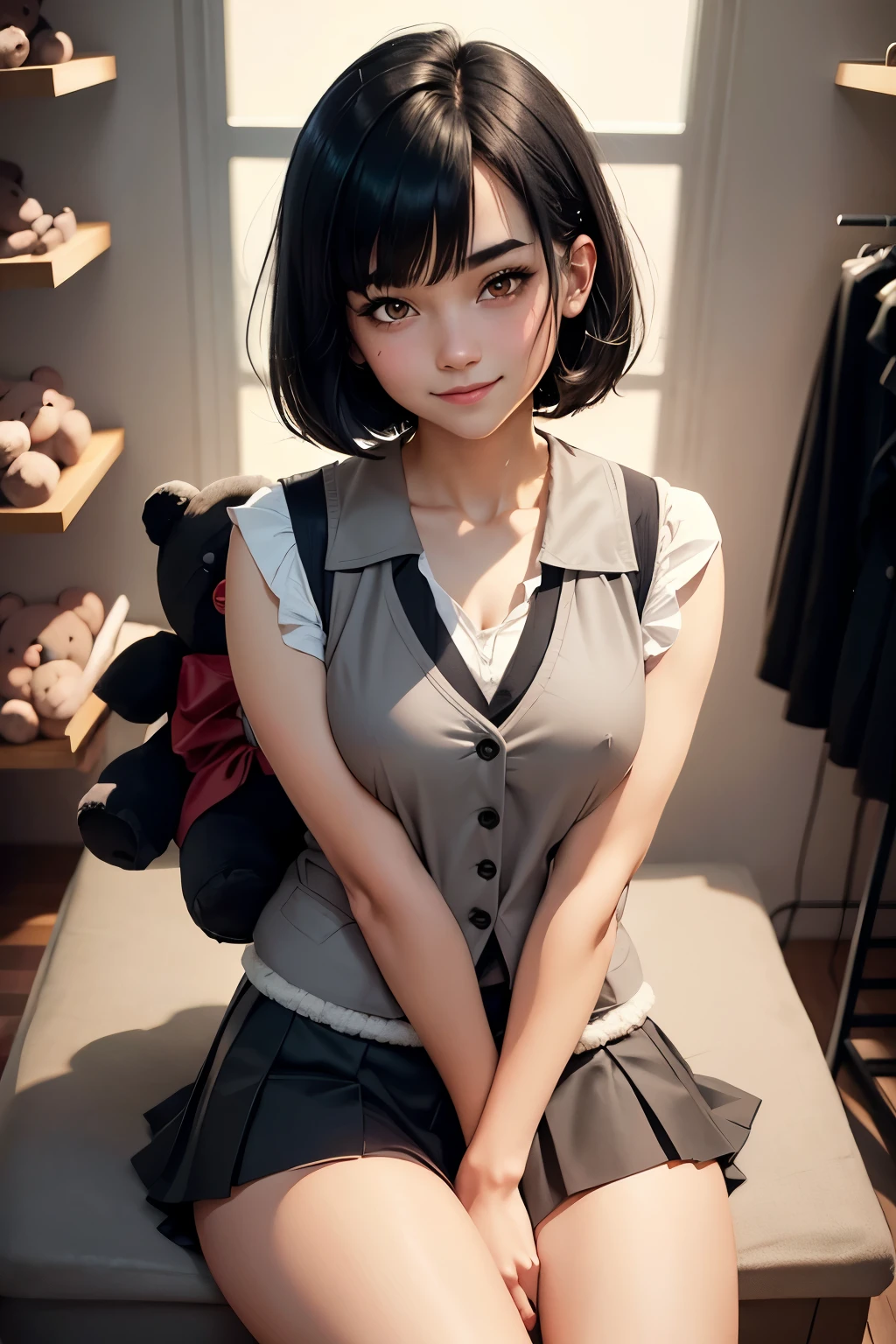 Graphic novel style, 1 stunningly beautiful college girl, smiling, blushing, short black hair, bob cut, wearing a Japanese school uniform, red eyes, 1, ((short black skirt)), toned legs, red bow, ((light gray closed vest)), cradling a ((fluffy black teddy bear)) sitting, in store,