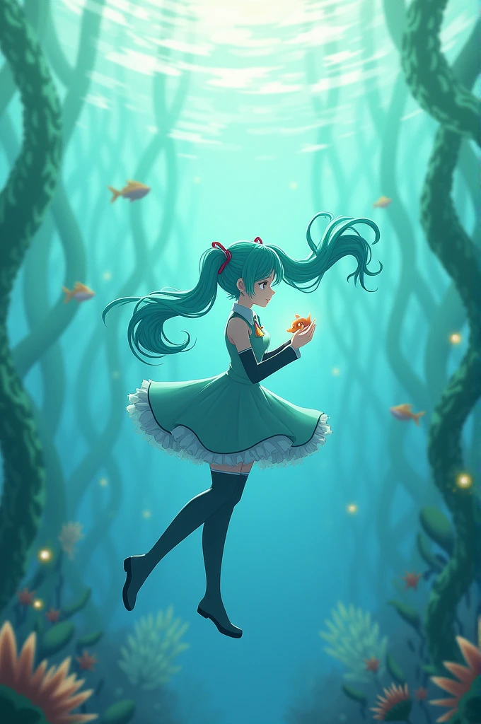 hatsune miku underwater with seaweel behind her holding a fish soft art style
