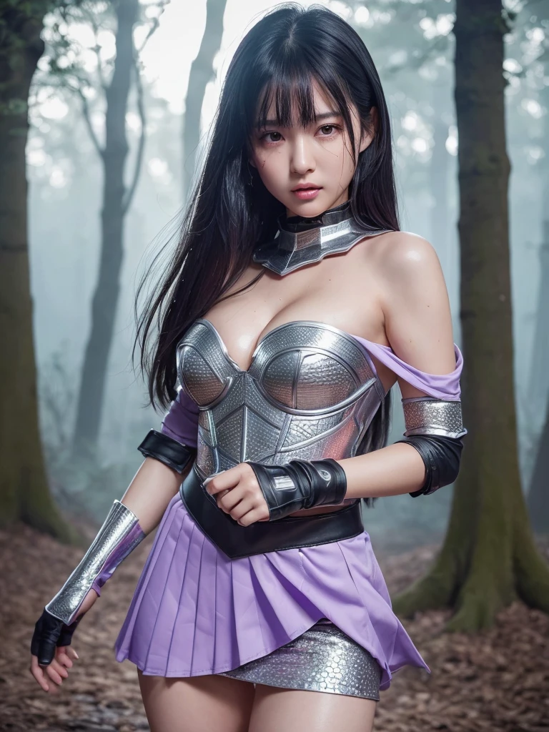 a very beautiful japanese girl, very cute high school girl assassin, detailed portrait of innocent 17-years-old virgin, ((watcher in the wood)), (off-shoulder silver breastplate:1.2), (purple long skirt, purple arm cover, silver booties:1.2),(full body, run away:1.3),(blush, she calls for aid, crying out in a loud manner, open mouth wide:1.25), perfect body, cold sweat, body soaked in sweat, firm and elastic skin, lively faces, glowing lips, watery eyes, tears streaming, cute double eyelids and black eyes, cleavage, attractive thighs, glossy straight medium black hair, asymmetrical bangs, hair flutters, dark fantasy, photo-realistic, surreal, cinematic lighting, 32K, backlight, (bright light:1.2), (Improvement of quality:1.4), (Highest quality realistic textured skin:1.4),detailed eyes, detailed face, detailed hand,(Enhances the beauty of skin texture:1.1)