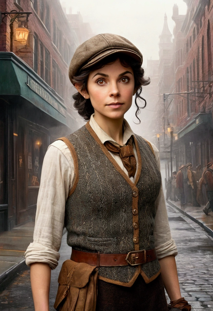 An illustrated movie poster, hand-drawn, full color, an elven maiden, wearing a tweed vest and a newsie cap, tall, toned, amazonian stature, athletic hourglass figure, long pointy elf ears, Amber eyes, dark hair, shaggy bob cut, deep sun-tanned skintone, freckles, resembles Morena Baccarin, standing on a foggy Victorian-era street corner, graphite shading, stencil marks, airbrushed acrylic paint, masterpiece, in the style of Sherlock Holmes, elf ears