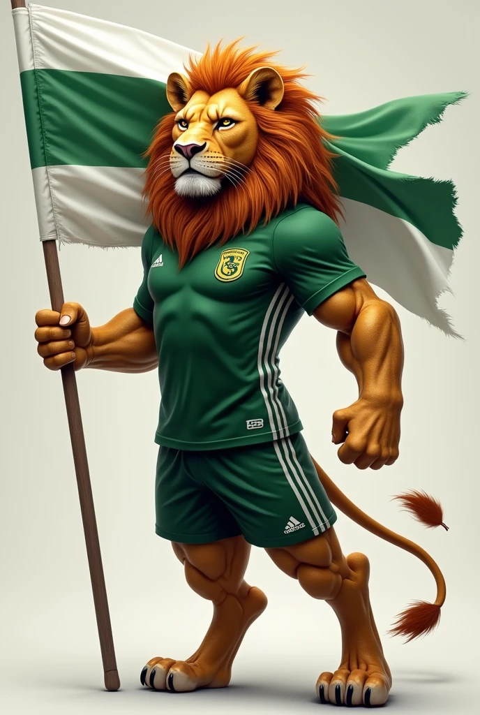 Lion in soccer sportswear holding a white and green flag