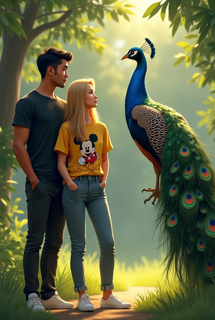 a Brazilian couple in a park watching a peacock and admiring its beauty, she is wearing pants and a shirt with a Mickey design,he in black pants and shirt, She has long straight hair and is blonde and he has short black hair parted to the side and no beard..