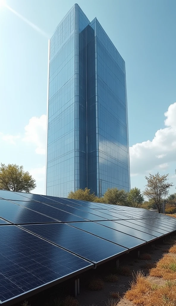 an image of solar panels near a large company