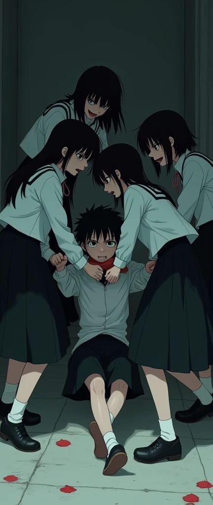 A group of high school girls wearing long black skirts、Kill the boy lying on the floor、Strangling Anime