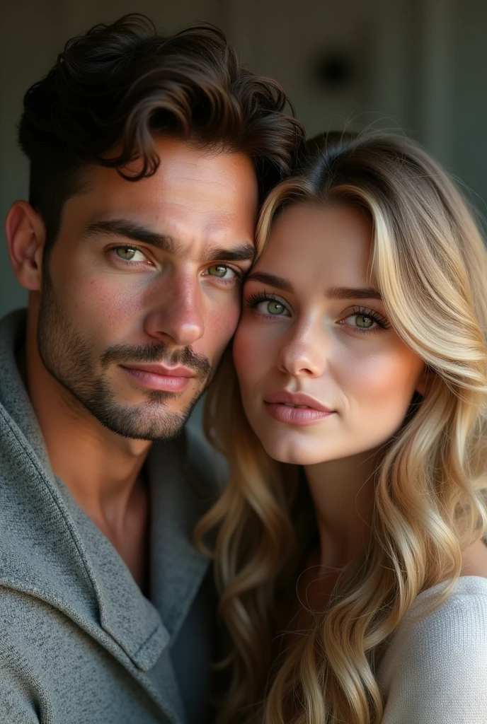 (Photorealism:1.1) a couple man dark brown hair and brown eyes together with a woman blonde green eyes long hair 8k ultra realistic super detailed