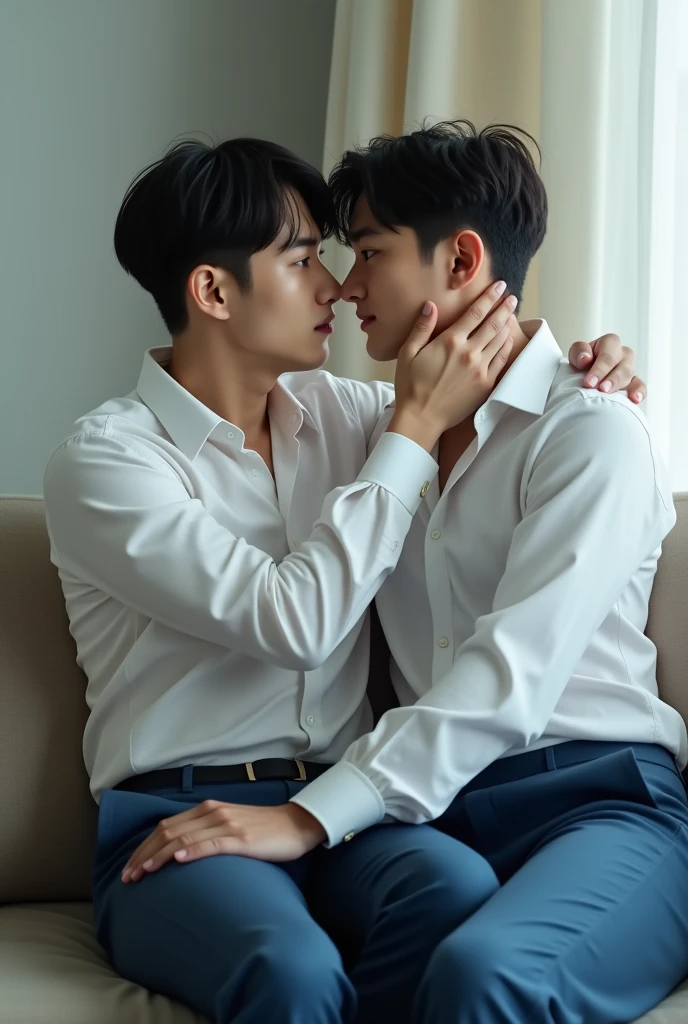 8k, detailed, digital photography, 2boys, two young people in a loving moment, kissing, Koreans, Both are wearing a white dress shirt and blue dress pants, the boy who is sitting on the other's lap has his hand on his face, both on the couch.