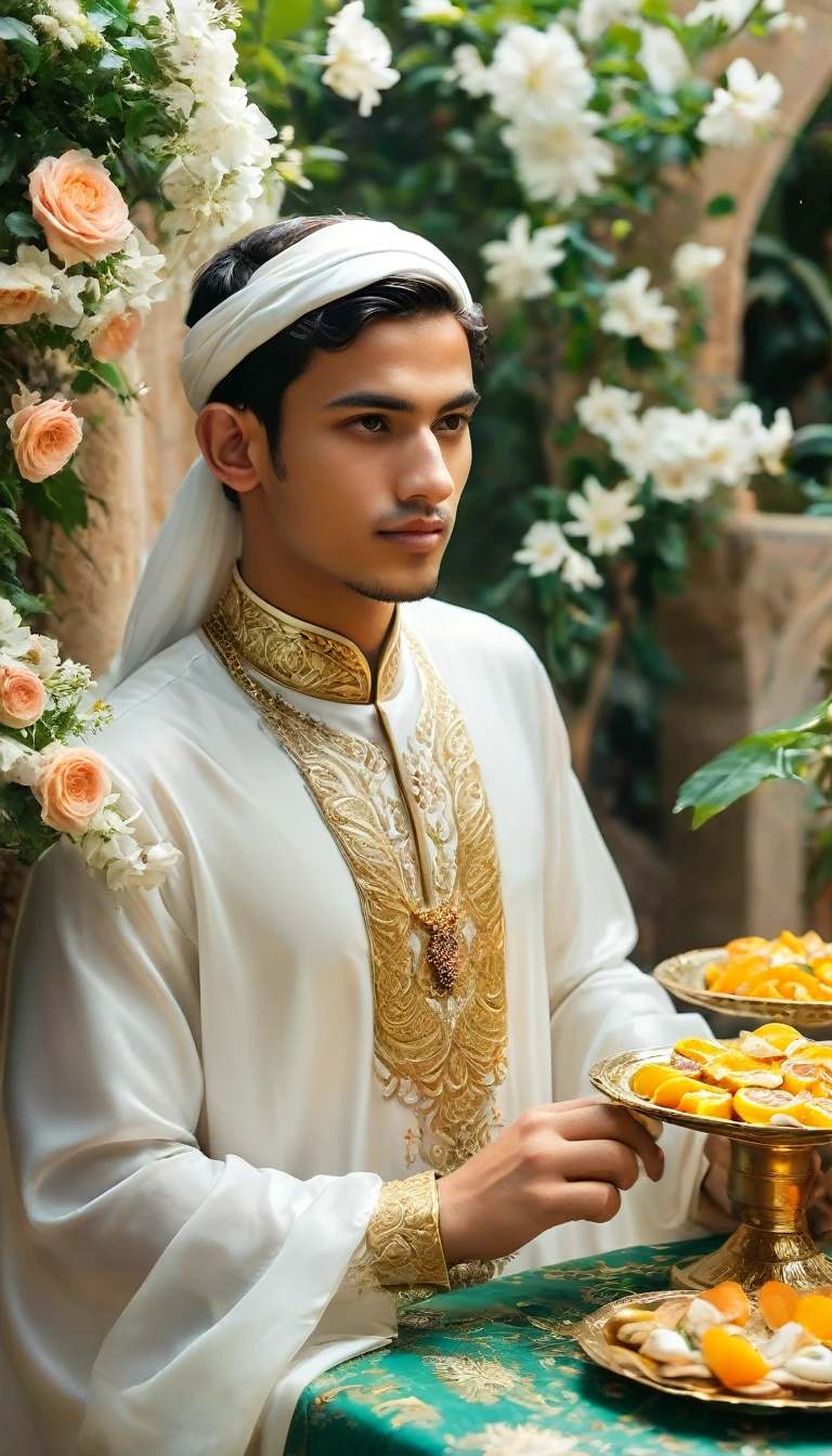"The image is a young man In a heavenly garden, Muslim men and women in traditional, modest Arabic attire are seated around a grand table overflowing with delicious foods and celestial beverages. The women are wearing beautiful headscarves, and everyone has large, magnificent wings in white and gold. The scene is set in a lush, ethereal paradise with soft, ambient lighting, surrounded by vibrant, blooming flowers and tranquil, heavenly scenery. The image should capture intricate details of the attire, food, and the serene atmosphere, creating a rich, divine, and visually stunning representation of paradise."The image is a young man
