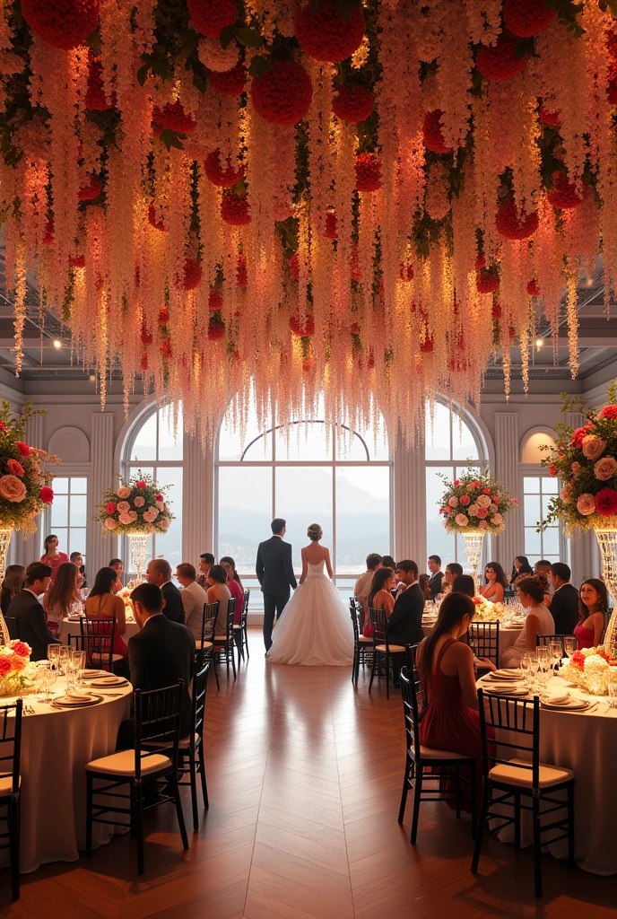 Make the wedding party with round guest tables It will be inside a closed space With matching flowers on the ceiling Flowers on the tables In tones inspired by the Yellowstone series