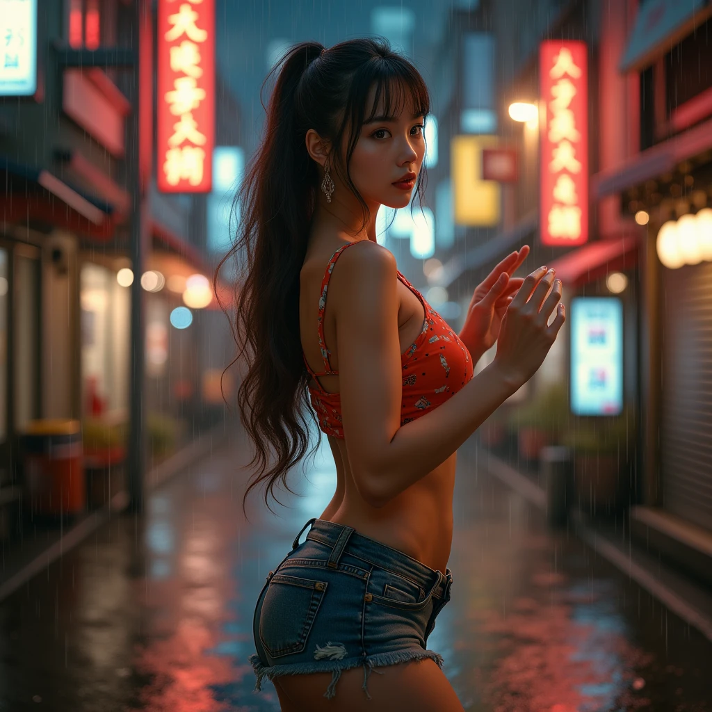 Beautiful young Japanese woman, short but curvaceous, with hands raised to show her armpits, beautifully detailed armpits, tight colorful crop top, tight denim shorts, alluring expression, low ponytail, beautifully detailed face, beautifully detailed eyes, beautifully detailed mouth, long flowing hair, beautifully detailed large breasts, beautifully detailed thighs, (best quality, masterpiece:1.2), ultra-detailed, dynamic lighting, intricate details, cinematic composition, warm color tones, dramatic shadows, elegant fashion style, beautiful facial features, piercing eyes, delicate lips, alluring pose, In the back alleys around Shinjuku Toho Building in Tokyo at night, raining, dreamy atmosphere, photorealistic, cowboy shot, 8k, highres, anatomically correct, high details, best quality, textured skin