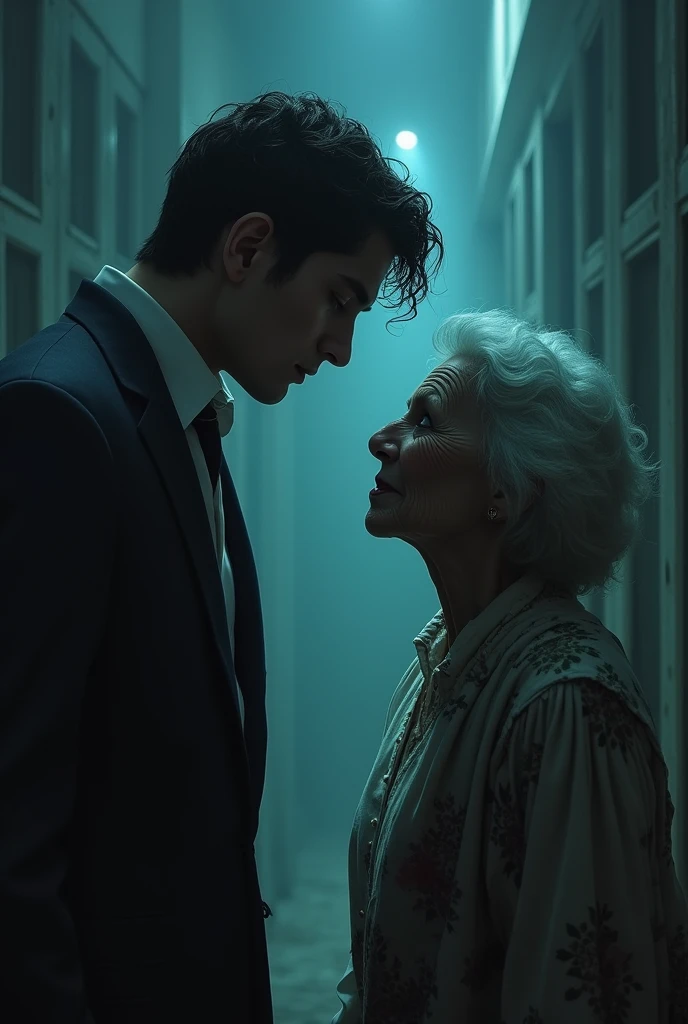 Description: The young Karãu, handsome but arrogant looking, ignores his elderly mother who asks him for help on a night. Text: "Karãu had a very sick mother, but he, full of vanity and selfish desires, I ignored her."