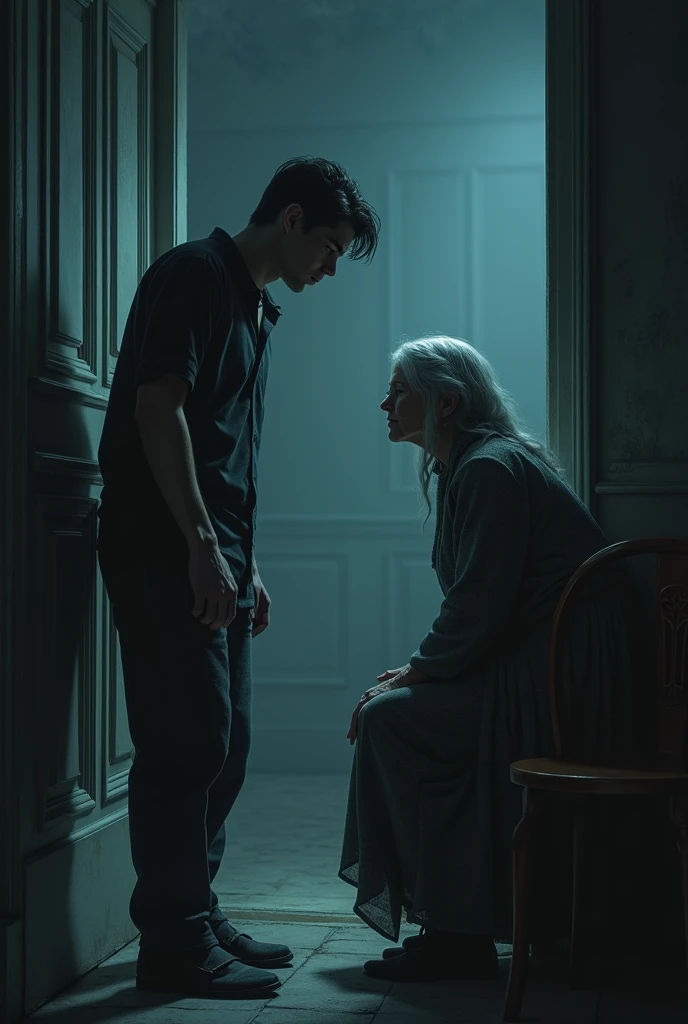 Description: The young Karãu, handsome but arrogant looking, ignores his elderly mother who asks him for help on a night. Text: "Karãu had a very sick mother, but he, full of vanity and selfish desires, I ignored her."
