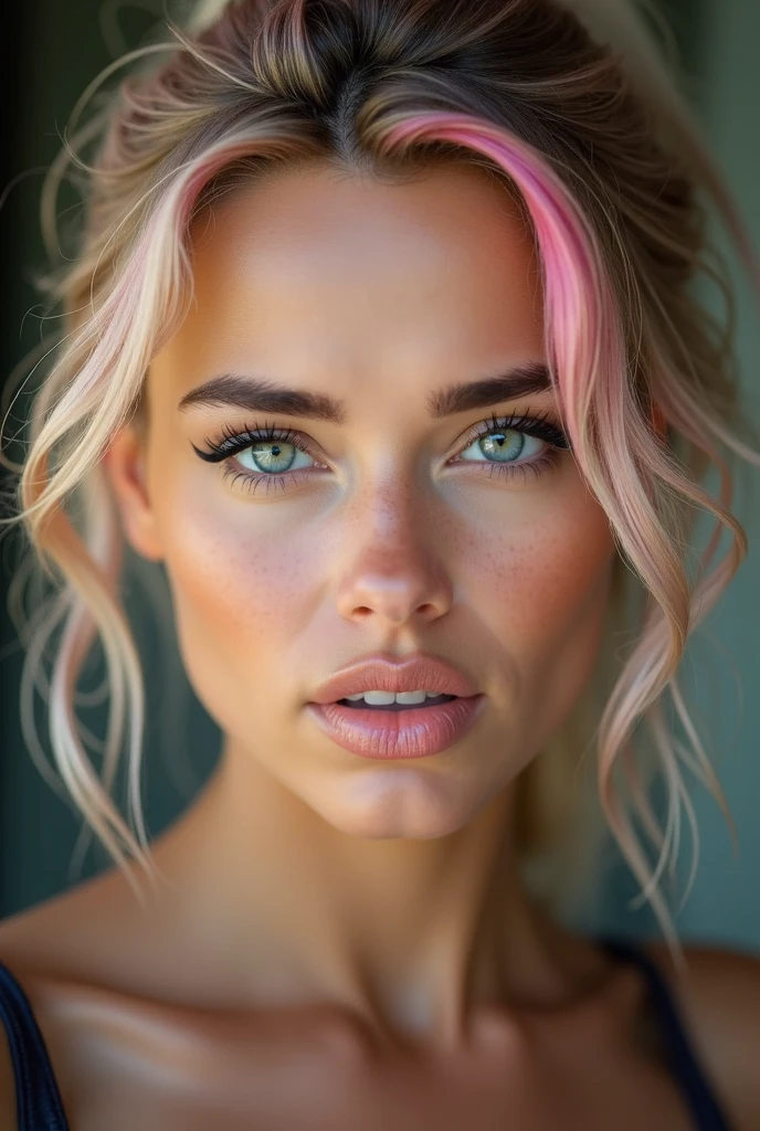 Full body view, Slim nude dark tanned Brazilian Spanish 21 yo woman, nice bushed face, photorealistic details. The woman has dark black, long curly, topless, wearing a pink pantyhose with cut outs and lace. A broad, leather suspender belt. photorealistic details.