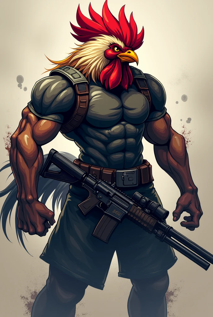 A fierce human-rooster gamer logo holding a gun, the name of the logo is TEE89989.