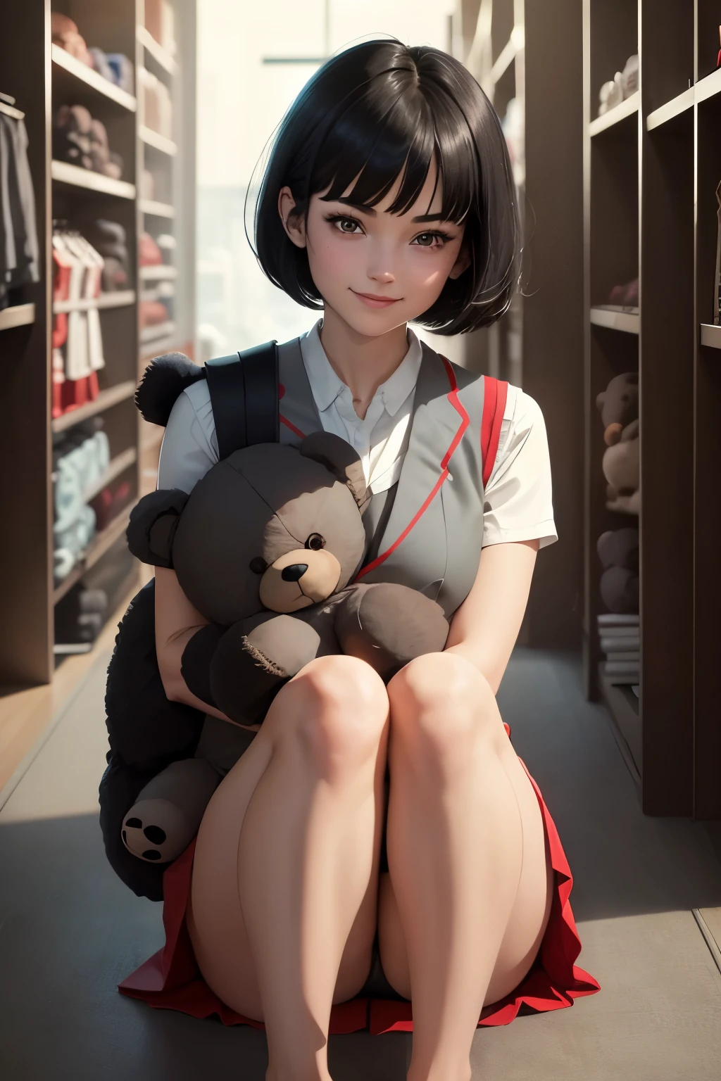 Graphic novel style, 1 stunningly beautiful college girl, caucasian, smiling, blushing, short black hair, bob cut, wearing a Japanese school uniform, red eyes, 1, ((short black skirt)), toned legs, red bow, ((light gray closed vest)), cradling a ((fluffy black teddy bear)) sitting, in store,