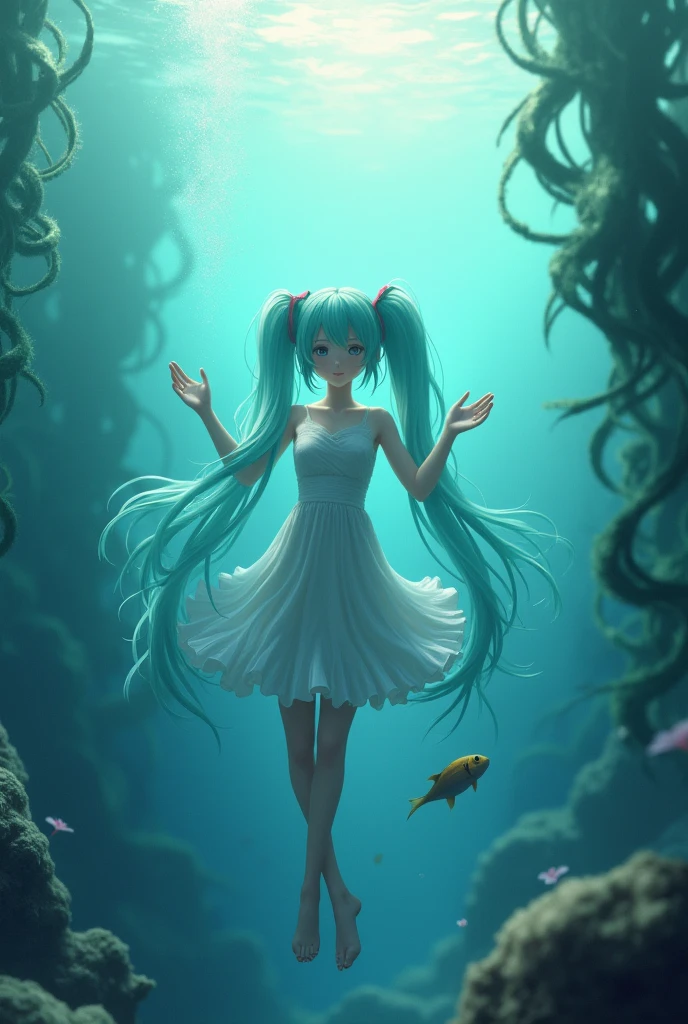 hatsune miku underwater with seaweed behind her holding a fish soft art style realistic backround