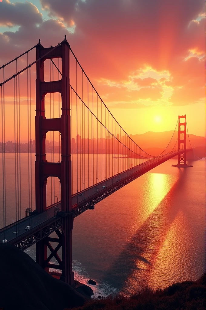 The Golden gate birge, 2, Towers, at sunset, with the city of San Francisco in the background