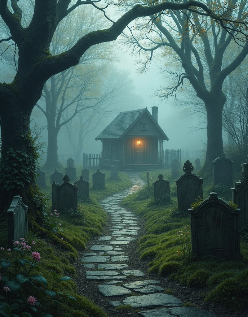 A long pathway through a grave yard, A wooden cabin in the distance